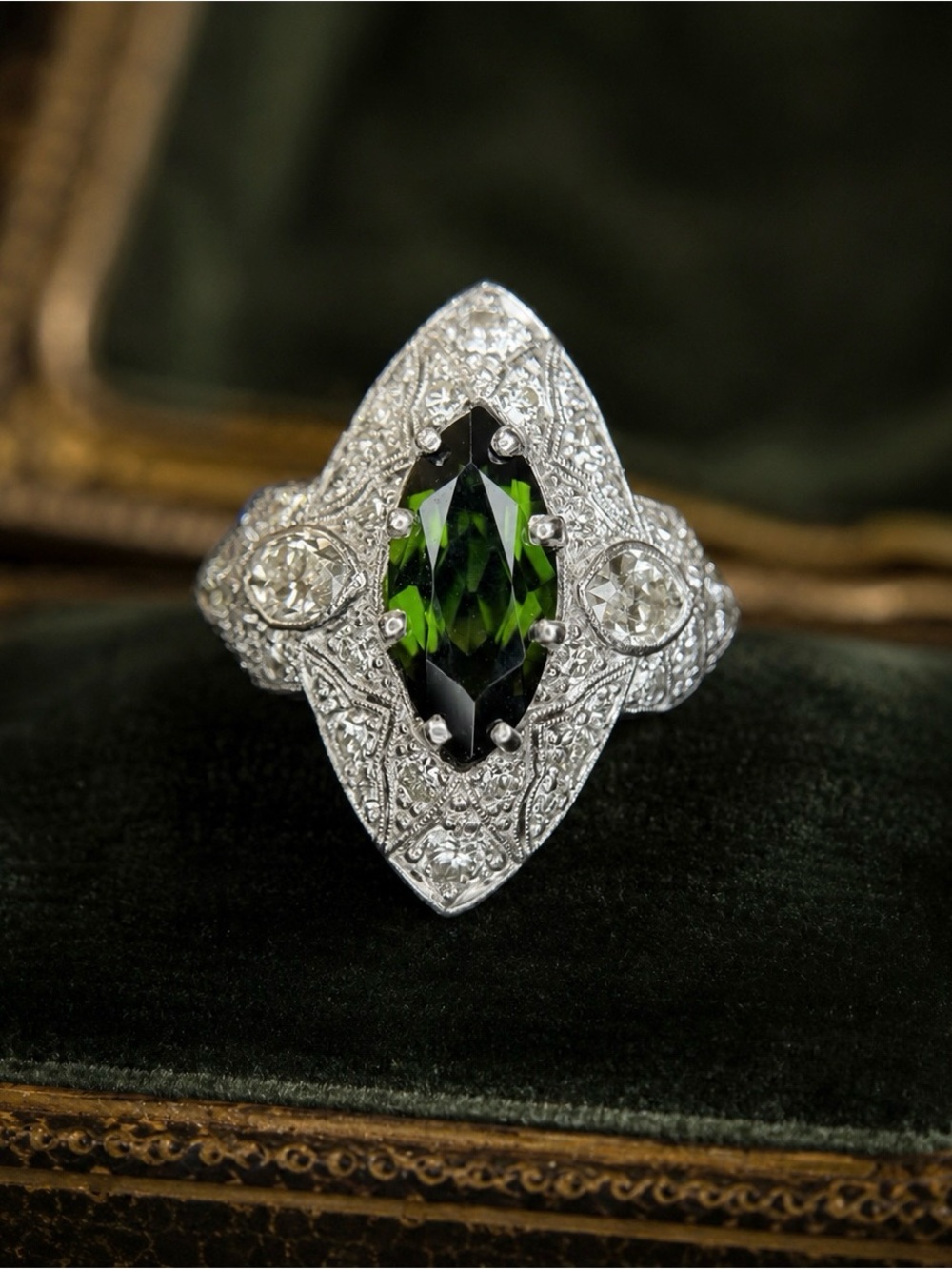 Art Deco Platinum Tourmaline Diamond Ring 2.90 ctw